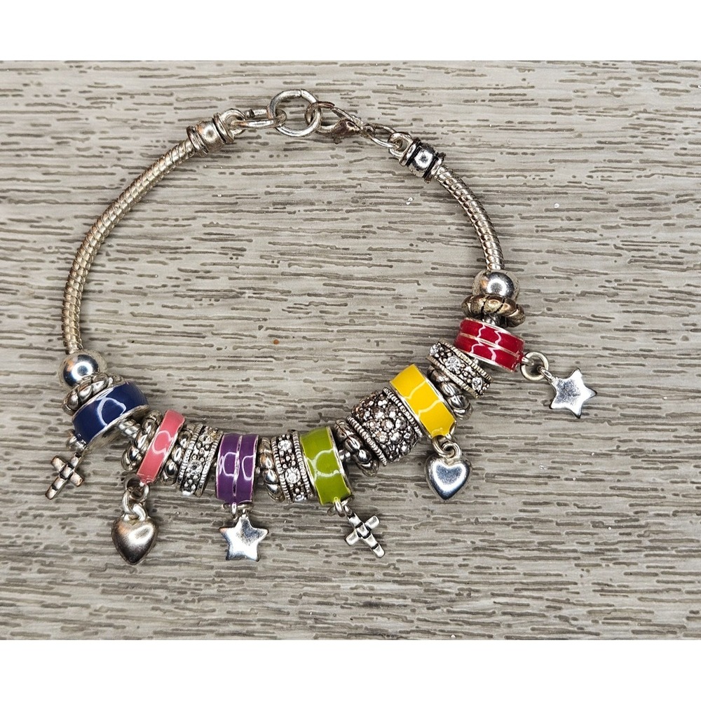 Colorful enamelCharm Bead Bracelet Silver Tone Heart Cross Star 8 Inch